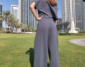 Сrop top and trousers set, Two piece set, Muslin summer set, 2 piece outfit women, Cotton casual home and beach wear, Muslin clothes set
