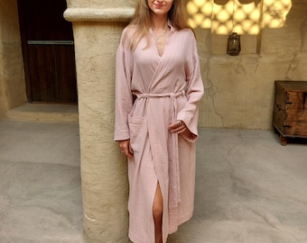 Cotton Bathrobe, Muslin Robe, Womens Cotton Bath Robes, Soft Cotton Robe, Muslin Kimono with Pockets, Bath Wear, Long Robe