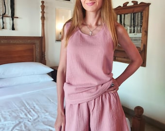 Muslin Pajama, Cotton top and shorts set, Muslin sleepwear, Two piece set, Cotton casual home and beach wear, Muslin clothes set