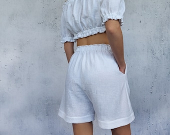 Muslin shorts, Waist shorts, Summer shorts, Cotton casual home and beach wear Muslin Shorts With Elastic Waist For Women Shorts With Pockets