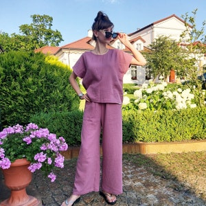 Conjunto de top y pantalón de muselina de algodón, conjunto de dos piezas, conjunto de verano, conjunto de 2 piezas para mujer, ropa informal de algodón para casa y playa, conjunto de ropa de muselina