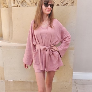 Cotton Bathrobe, Muslin Robe, Womens Cotton Bath Robes, Soft Cotton Robe, Muslin Kimono with Pockets, Bath Wear, Short Robe