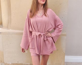 Muslin Kimono Robe, Muslin Robe, Womens Cotton Bath Robes, Soft Cotton Robe, Muslin Kimono with Pockets, Bath Wear, Short Robe