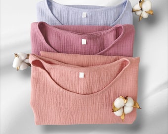 Baumwoll-Musselin-Top, Baumwollbluse, Musselin-Double-Gaze-Damen-Top, Outfit-Damen, Baumwoll-Freizeitkleidung für Zuhause und Strand, Musselin-Bluse für Frauen