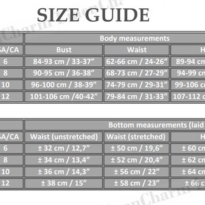 May include: Size chart for clothing with measurements in inches and centimeters. The chart includes sizes for small, medium, large, and extra large. Measurements are provided for bust, waist, hips, and length.