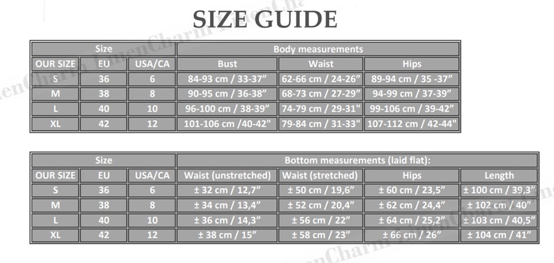 May include: Size chart for clothing with measurements in inches and centimeters. The chart includes sizes for small, medium, large, and extra large. Measurements are provided for bust, waist, hips, and length.