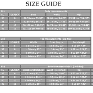 May include: Size chart for clothing with measurements in inches and centimeters. The chart includes sizes for bust, waist, hips, width, front length, back length, waist (unstretched), waist (stretched), and hips.
