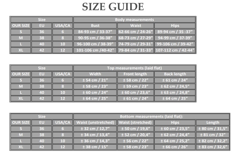 May include: Size chart for clothing with measurements in inches and centimeters. The chart includes sizes for bust, waist, hips, width, front length, back length, waist (unstretched), waist (stretched), and hips.