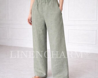 Linen Trousers, Women Handmade Wide Leg Pants, Summer Linen Pants, Custom Size, Lightweight Breathable Pants