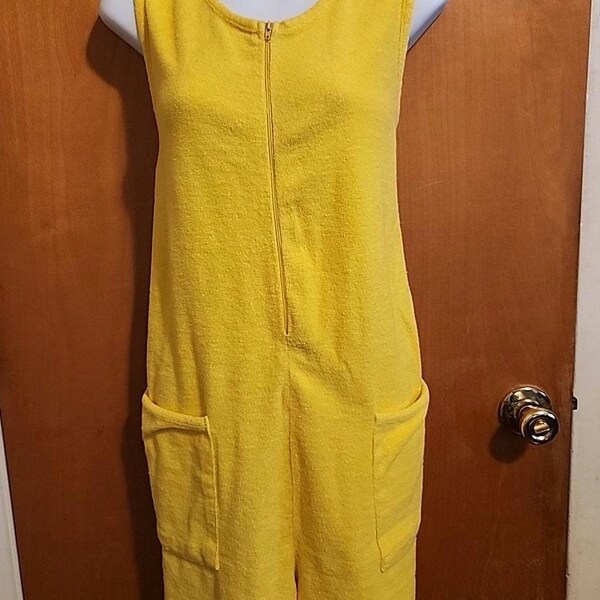Vintage 1960’s 70's Yellow Terry Cloth Bathing Suit Cover Up Romper Shorts Beach Womens Medium Pockets Zip-Up