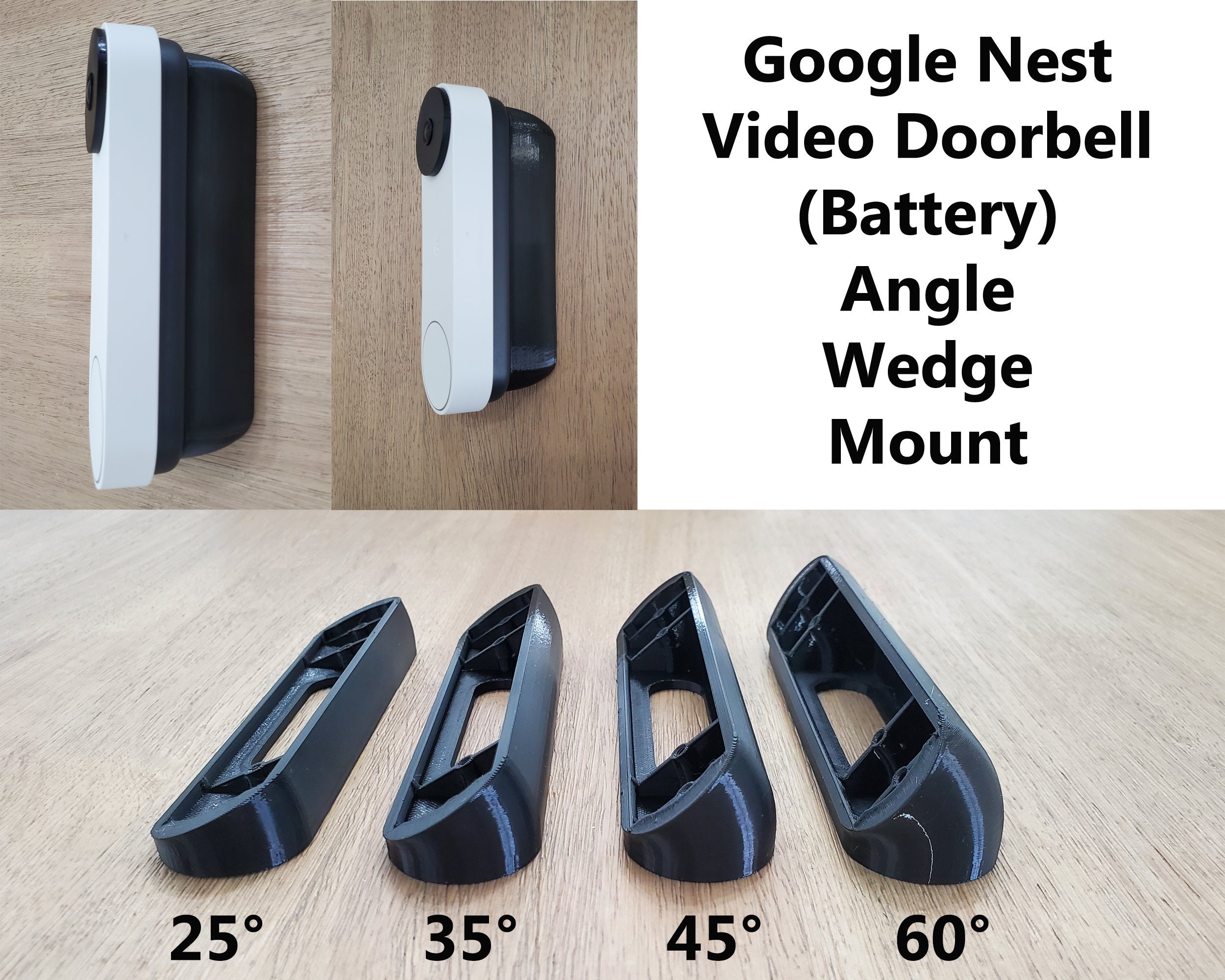 Google Nest Video Doorbell Battery Angle Mount Bracket Holder Wedge 3D Printed. UV Resistance. Doorbell Not Included