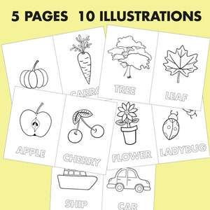Páginas para colorear para niños imprimibles / 10 ilustraciones sencillas / Dibujos para niños / Libro para colorear / Paquete de descarga instantánea / Imprimir en casa