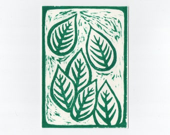 Linocut Print Leaves Postcard - Unique Handmade Leaf Design / A6 mini print