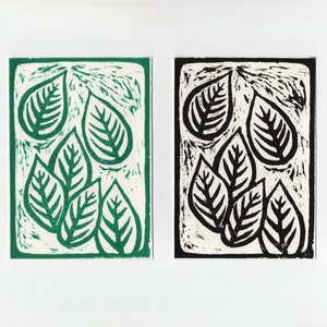 Linocut Print Leaves Postcards - Design de folha exclusivo - Conjunto de duas mini estampas feitas à mão - Cartões de felicitações