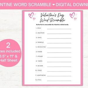 Valentine&#39;s Day Games, Valentine Word Scramble, Valentine&#39;s Fun Printable Games, Galentine&#39;s Day, Valentine&#39;s Party Games, Digital Download