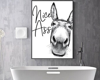 Nice Ass Canvas, Funny Sign Canvas, Vintage Donkey Poster, Prints For Bathroom, Wall Art, Toilet Decoration, Bathroom Decor, Funny Wall Art.
