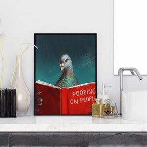 Funny Pigeon, Bird Reading Book, Bathroom Funny Posters, Humorous Pet, Canvas Painting, Pooping On People Poster, Wall Art , Toilet Decor