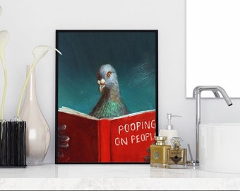Funny Pigeon, Bird Reading Book, Bathroom Funny Posters, Humorous Pet, Canvas Painting, Pooping On People Poster, Wall Art , Toilet Decor