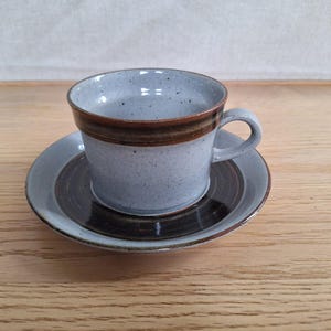 Puede incluir: Un juego de taza y platillo de cerámica azul claro. La taza tiene una banda marrón alrededor del borde y un asa a juego. El platillo presenta anillos concéntricos marrones y grises. Ideal para té o café.