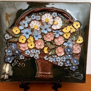 Vintage  1970s Jie Gantofta  ceramic small green ceramic wall plaque with Honeysucle  flowers, design in 3D by Aimo Nietosvuori Nr 866
