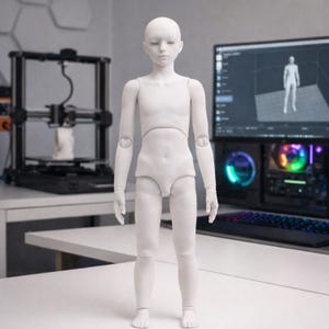 Peut inclure: Une poupée articulée blanche se tient sur une surface blanche. La poupée a une surface lisse et non peinte et est posée avec les bras le long du corps. Une imprimante 3D et un écran d'ordinateur avec un modèle numérique sont en arrière-plan.