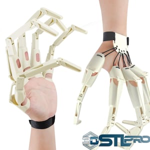 May include: Two articulated, off-white prosthetic hands are shown. One is worn on a wrist with a black band, and the other is held in a hand with a black wristband. The fingers are connected by small black cords. The logo "3DSTEREO" is in the bottom right corner.