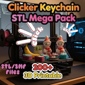 Puede incluir: Imagen de una impresora 3D con el texto "Clicker Keychain STL Mega Pack" y "200+ 3D Printable". La imagen muestra varios objetos impresos en 3D, incluyendo figuras de muñecos de nieve y pequeñas cajas en forma de corazón. También se ve un plátano.