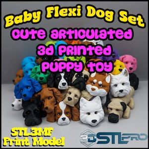 May include: A selection of 3D-printed puppy toys in various colours. The articulated toys include blue, brown, white, and black puppies. The image text reads "Baby Flexi Dog Set, Cute Articulated, 3d Printed, Puppy Toy."