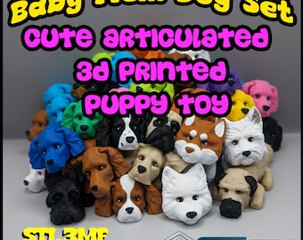 May include: A collection of colorful, 3D-printed puppy toys. The toys are articulated and come in various colors, including blue, brown, white, and black. Text on the image reads "Baby Flexi Dog Set, Cute Articulated, 3d Printed, Puppy Toy."