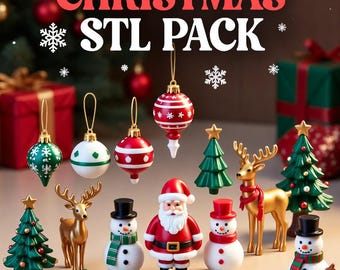 May include: A collection of Christmas-themed ornaments and figurines, including Christmas tree ornaments, snowmen, Santa Claus, reindeer, gift boxes, and bells. The image includes the text "CHRISTMAS STL PACK". The ornaments are red, green, white, and gold.