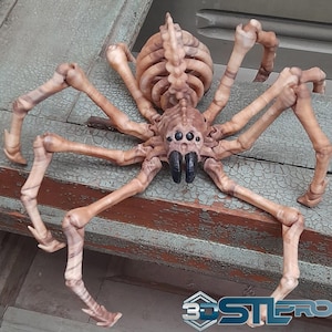 May include: A detailed, tan-colored spider sculpture with articulated legs and a segmented body. The arachnid has multiple eyes and large, black fangs. The sculpture is displayed on a weathered, green-painted surface.