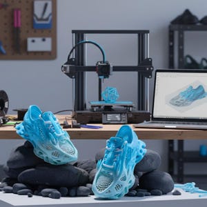 Puede incluir: Dos zapatillas azul claro impresas en 3D con diseños intrincados sobre rocas negras. Una impresora 3D en el fondo, con una forma geométrica azul en su plataforma. Un portátil muestra un diseño de calzado. La escena sugiere calzado personalizado.
