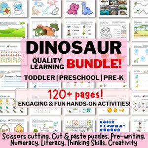 Paquete de actividades con dinosaurios para imprimir, actividades para niños, educación preescolar en casa, hojas de trabajo con dinosaurios, educación preescolar Montessori
