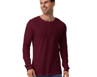 May include: A maroon long-sleeved t-shirt with a black circular logo featuring a cross with the letters "C" and "E" inside.