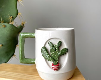Cactus Ceramic Mug, Coffee Mug, Unique Mug, Ceramic Cup, Gift Mug, Tea Mug, Funny Mug, Pottery, White Mug, 8 Oz Mug, Home Decor