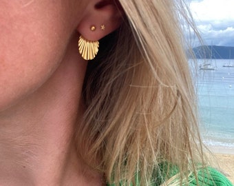 Original and modular fan-shaped front and back earrings in brass gilded with 24-carat fine gold - Les Lila