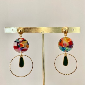 Dangling earrings gilded with fine gold, acetate and enamel - Clémentine