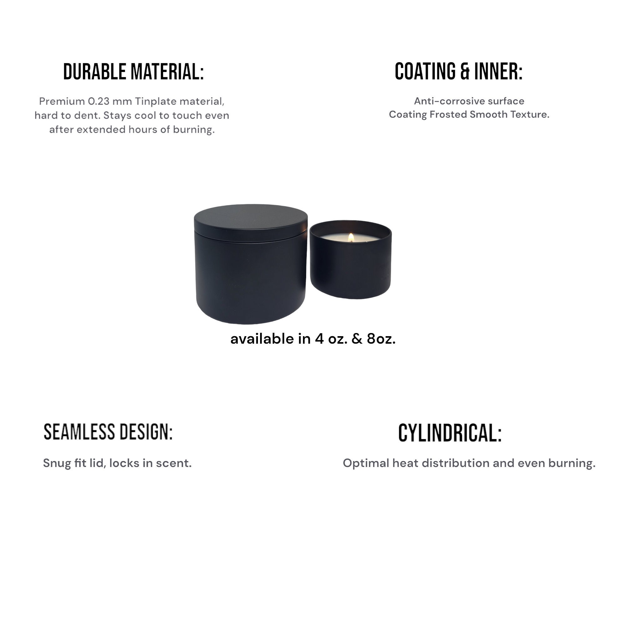4oz, 8oz, 16oz Matte Black Metal Candle Tins for Candle Making, DYI