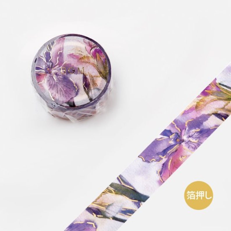 BGM 20mm x 5m 'Watercolor Iris' with Gold Foil Accents Washi Tape Japan Exclusive image 1