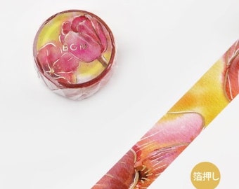 BGM 20mm 'Watercolor Tulip' [w/ Gold Foil Accents] Washi Tape - Japan Exclusive!