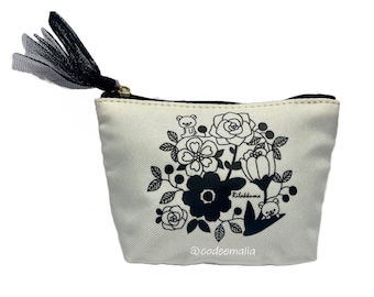 Rare & Hard to Find San-X Black and Cream Floral + Tulle Rilakkuma Pouch/Bag (Style MRK-114) - Japan Exclusive