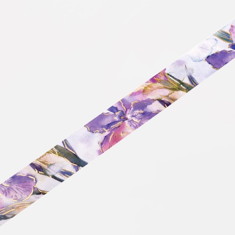 BGM 20mm x 5m 'Watercolor Iris' with Gold Foil Accents Washi Tape Japan Exclusive image 2