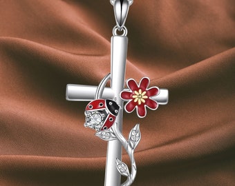 Ladybug Cross Necklace Jewelry for Women Sterling Silver Cross Necklace Gifts for Girls