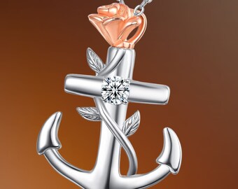 Boat Anchor Urn Necklace Rose Pendant Necklace Sailor Nautical Good Luck 925 Sterling Silver Urn Necklace For Women