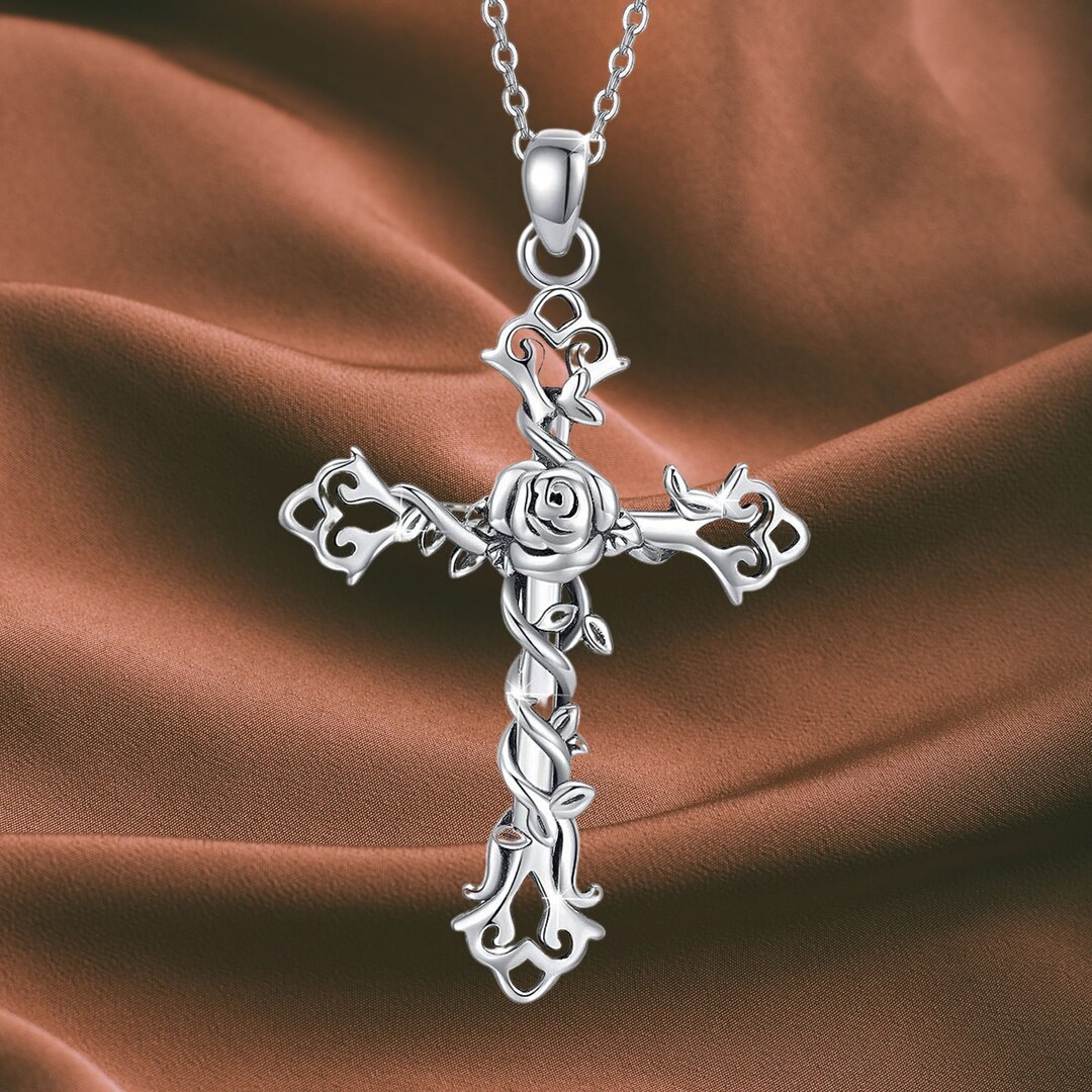 Cross Necklace 925 Sterling Silver Rose Crose Pendant Necklace Cross ...