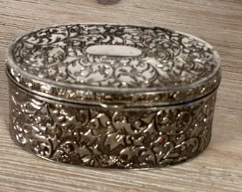 Vintage Silver Plated Filigree Trinket Box Small Oval Jewelry Box