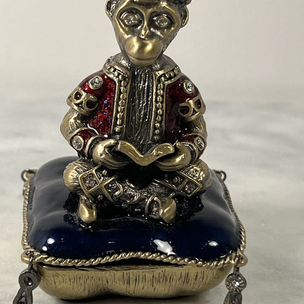 Vintage Brass Enameled Monkey Reading a Book on Pillow Trinket Dish Box