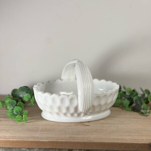 Vintage Fenton Art Glass  Olde Virginia Milk Glass Thumbprint Split Handle Basket