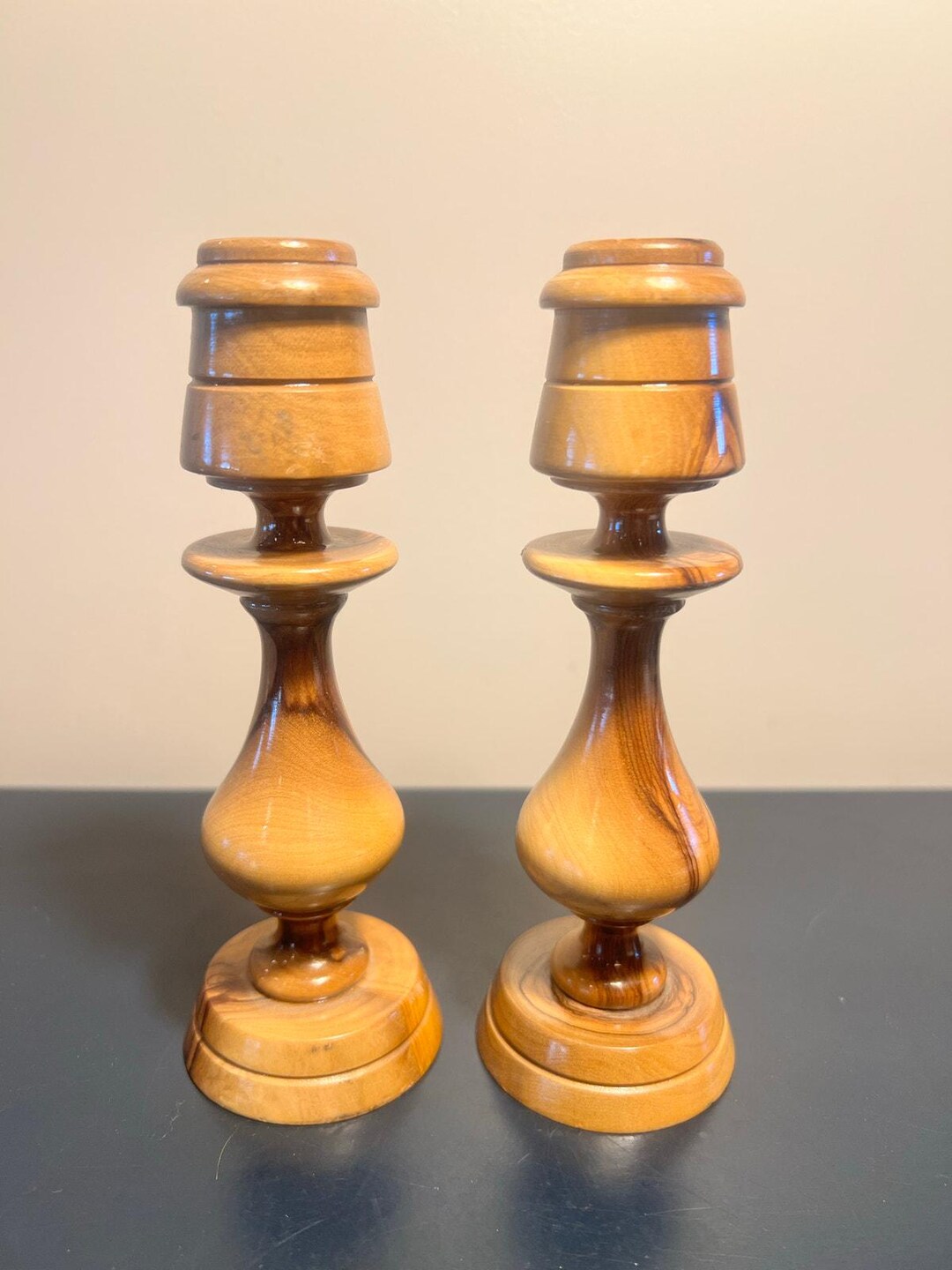 Vintage Hand Turned Olive Wood Candlestick Holders Taper - Etsy