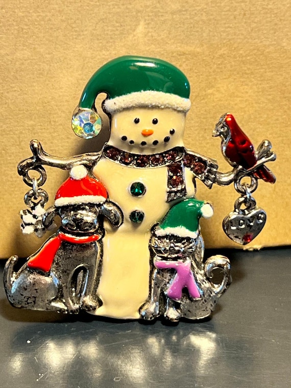 Vintage Signed KC Kenneth Cole Snowman/Cat/Dog Cardinal Brooch Snowman Brooch,